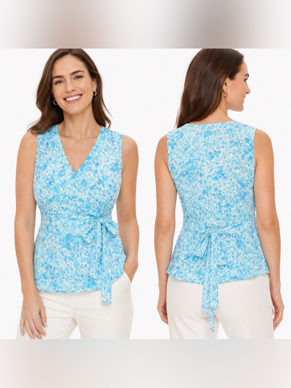 Ann Taylor 100% Silk Blue Floral V-Neck,‎ Sleeveless, Tie Back Blouse  SZ L  EUC
